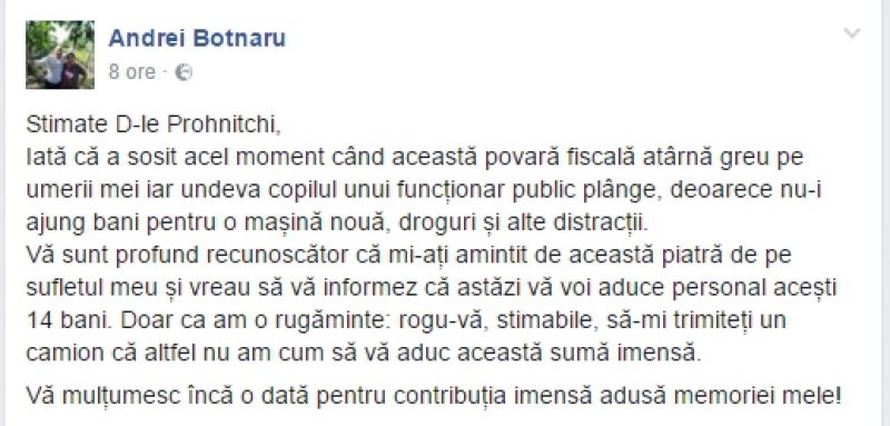 Datorie amuzantă. Fiscul îi cere unui bărbat să plătească statului 14 bani