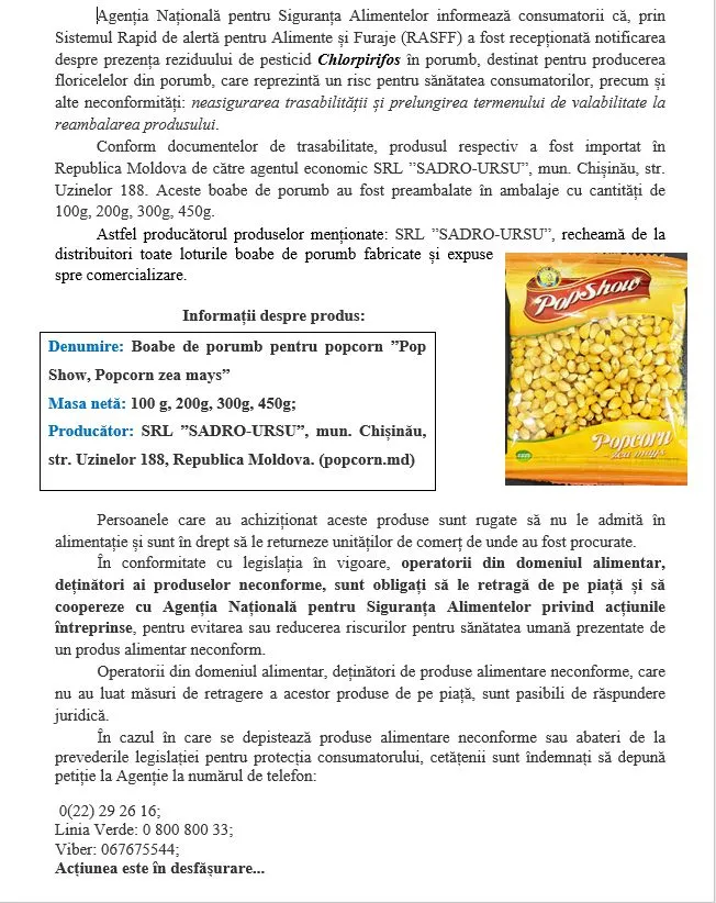 ANSA сообщило, что в кукурузе для попкорна найдены остатки пестицидов