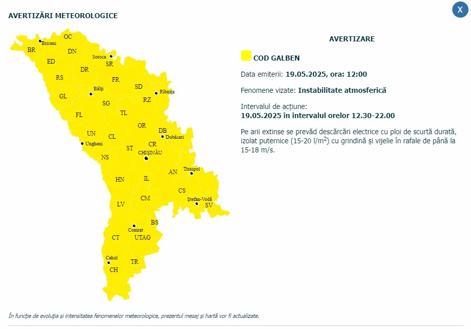 Avertizare meteorologică: Cod Galben de furtuni, grindină și vânt puternic