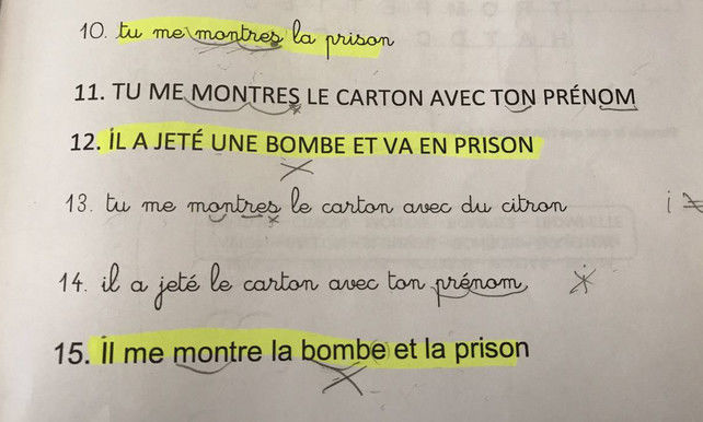 Franceza pentru refugiaţii în Belgia. Aceştia învaţă limba citind din manual: "Tata aruncă o bombă şi merge la închisoare"