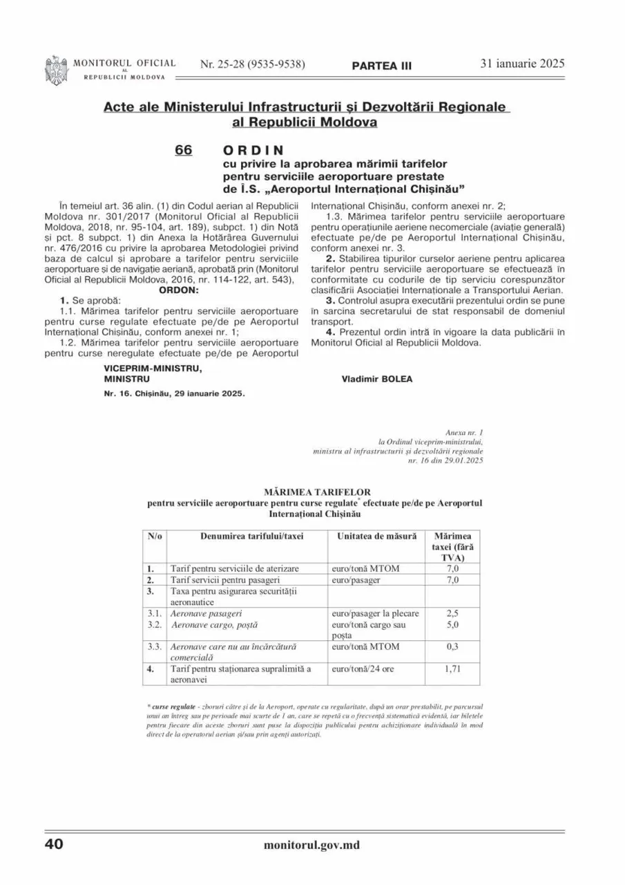 Taxa pentru pasagerii curselor neregulate pe Aeroportul din Chișinău, majorată cu 1 euro