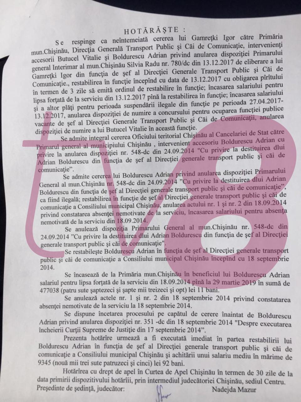 Мэрия обязана выплатить около полумиллиона леев экс-главе транспортного управления