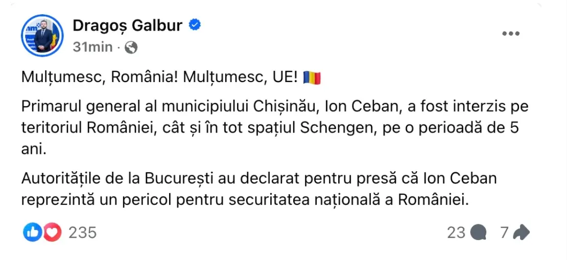 Reacții, după ce lui Ceban i s-a interzis intrarea în România și Schengen: Frumos cadou de la PAS