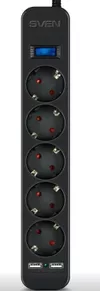 купить Фильтр электрический Sven SF-05LU, 5 Sockets + 2 USB (2,4 A), 1.8m, Black в Кишинёве 