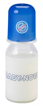 ”Baby-Nova” Biberon din sticlă cu gât standart, 125 ml., 0-24 luni, debit lent, 1 buc.  (43105)
