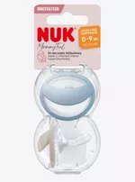 Силиконовые пустышки NUK Mommy Feel - 0-9 месяцев, 2 штуки синий и беж