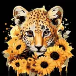 Tablou pe numere Strateg 58055 Leopard si floarea-soarelui aurie 30x30cm (fundal negru)