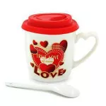 Чашка Promstore 01793 Чашка с крышкой 370ml Сердца Love, ложка, в подар упаковке