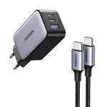 Зарядное устройство сетевое Ugreen Nexode Pro GaN Charger USB-A+2*USB-C 65W with Cable Type-C to Type-C 65W, 1M, X755, Black