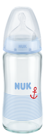 Бутылочка стеклянная NUK FC с силиконовой соской 240 мл (0-6 мес) голубая