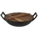 Ceaun grătar Grill Master KZN-38CM WOK 11L din fonta, cu capac din lemn si fund plat