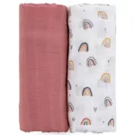 Accesoriu pentru înfășat Petite&Mars 417362 Set 2 paturele de muselina din bambus Misty Rose Rainbows, 120x120cm