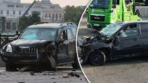 Momentul în care două automobile se ciocnesc pe un pod din Moscova