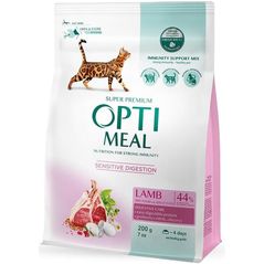 Hrană pentru animale de companie Optimeal 24231071 Hrană uscată Super Premium pentru pisici adulte cu digestie sensibilă, miel, 6x200 g