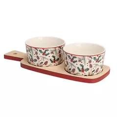 Тарелка Promstore 23341 Set pentru aperitiv Christmas (2 boluri + suport din lemn)