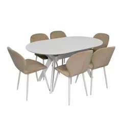 Комплект стол и стулья Evelin di Costacurta стол Raffles Oval White + 6 стульев YTC-064Wh UF910-01 Light beige