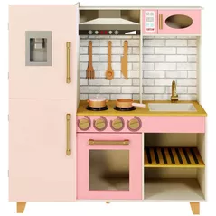 Bucătărie și veselă de jucărie Richi (63222) Bucatarie din lemn pentru fetite, cu sunete si lumini