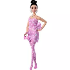 Păpușă Barbie JJN71 Fashionistă în rochie din denim roz cu imprimeu stelat