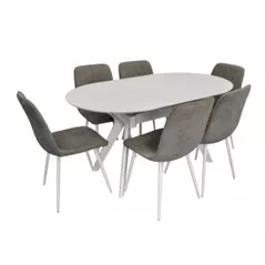 Комплект стол и стулья Evelin di Costacurta стол Raffles Oval White + 6 стульев YTC-078Wh UF885-14 Grey