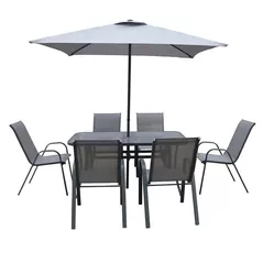 Mobilier pentru grădină Hydro S Set masă dreptunghiulară cu 6 scaune + umbrelă, metal/textilen