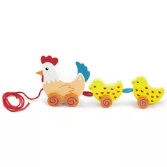 Игрушка каталка Viga 50078 Jucărie de tras, cu șiret Găină cu doi pui