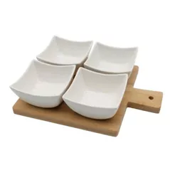 Veselă EuroGold 7112901413 Set 4 boluri patrate ceramice pe suport cu maner din bambus, 26x20/6.5cm