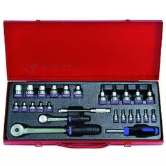 Set de unelte de mână King Tony 7126PR Set cap tubular tip E de 1/4" și 1/2", biți TORX, accesorii, 26 buc