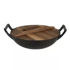 Казан Grill Master KZN-34CM WOK 6L din fonta, cu capac din lemn si fund plat