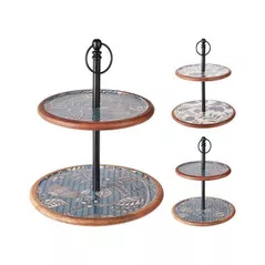 Поднос/столик кухонный Excellent Houseware 20896 Blue Decal, suport pentru servire cu 2 niveluri, D30cm, H43cm, mango