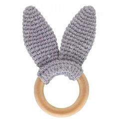 Iinel dentiție BabyJem 651 Jucarie dentitie din bumbac cu inel din lemn Amigurumi Gri