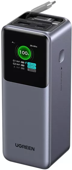 Acumulator extern USB (Powerbank) Ugreen 55987B, Nexode Flight Approved 20000mAh, 165W, with Retractable USB-C Cable, Grey