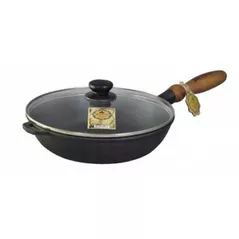 Сковорода Maysternya Tigaie din fonta 28x6cm cu maner din lemn si capac din sticla (T306C3)