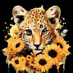 Tablou pe numere Strateg 58055 Leopard si floarea-soarelui aurie 30x30cm (fundal negru)