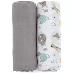 Аксессуар для пеленания Petite&Mars 417361 Set 2 paturele de muselina din bambus Misty Grey Planes, 120x120cm