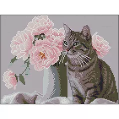 Картина по номерам Strateg 58081 Pictura cu diamante 30x40cm, Pisica cu flori