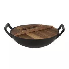 Казан Grill Master KZN-32CM WOK 5L din fonta, cu capac din lemn si fund plat