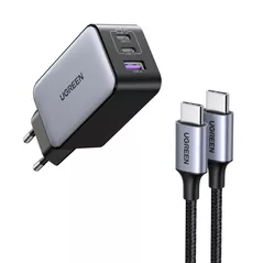 Зарядное устройство сетевое Ugreen Nexode Pro GaN Charger USB-A+2*USB-C 65W with Cable Type-C to Type-C 65W, 1M, X755, Black