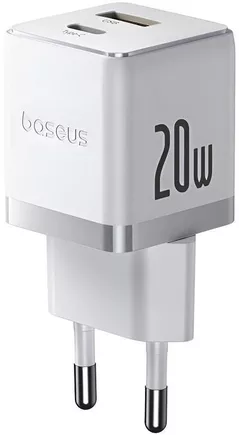 Încărcător cu fir Baseus P10111608213-00 GaN 1*Type-C+1*USB-A 20W, Palm Series, Moon White