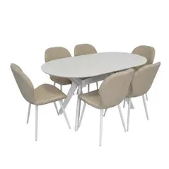 Комплект стол и стулья Evelin di Costacurta стол Raffles Oval White + 6 стульев YTC-064Wh Bjorn-24 Light beige