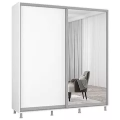 Dulap Mobildor-Lux Aron-P uși glisante din oglindă și PAL (190x60x220H cm) Alb Brilliant