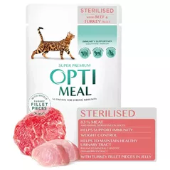 Hrană pentru animale de companie Optimeal 24231037 Plic pisici steril vita-curcan jeleu 12x85g
