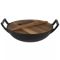 Ceaun grătar Grill Master KZN-38CM WOK 11L din fonta, cu capac din lemn si fund plat