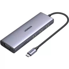 USB Hub Ugreen 15600 HUB 9in1 USB-C to HDMI (4K@60Hz) + VGA+ 3*USB-A 3.0 + Gigabit RJ45 +SD/TF + PD 100W | CM498, Grey