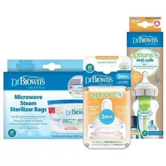 Поильник Dr. Brown's 8586020673858 Set biberon din sticla 270 ml + tetine nivel 2, 2 buc. + pungi sterilizatoare, 5 buc.