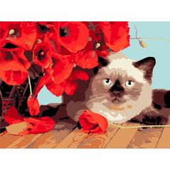 Картина по номерам Strateg 58067 Pisicuta printre maci 30x40cm (fundal negru)