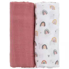 Accesoriu pentru înfășat Petite&Mars 417362 Set 2 paturele de muselina din bambus Misty Rose Rainbows, 120x120cm