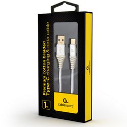 Blister Type-C/USB2.0, AM/CM,  1.0 m, Cablexpert Cotton Braided Silver/White, CC-USB2B-AMCM-1M-BW2