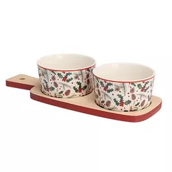 купить Тарелка Promstore 23341 Set pentru aperitiv Christmas (2 boluri + suport din lemn) в Кишинёве 