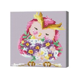 Розовая сова с букетом, 20x20 см, алмазная мозаика