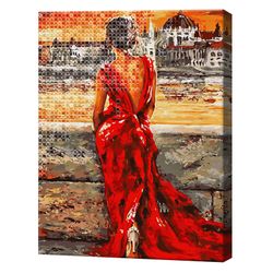Frumosa în roșu pe litoral , 40x50 cm, set combo pictură pe numere + mozaic cu diamante, YHDGJ73966